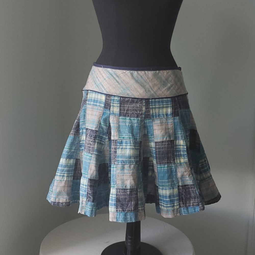 Plaid Patchwork Skirt - Blue and Gray